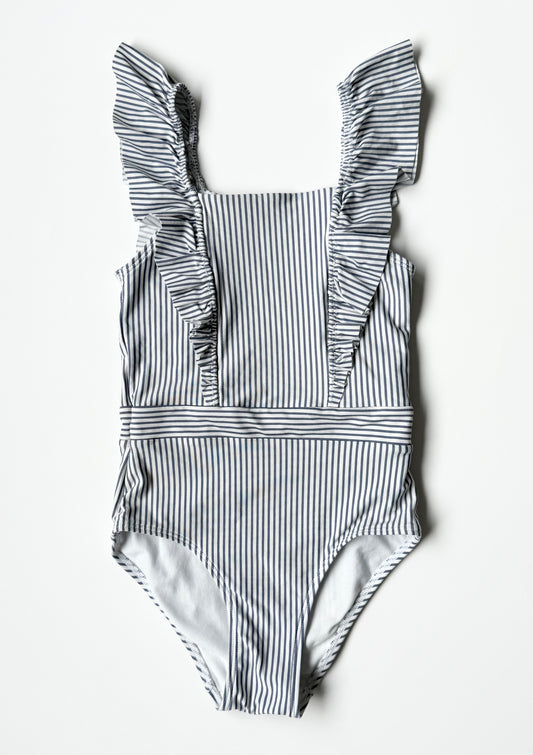 H&M Blue & White Stripped Ruffle Sleeve One Piece Swimsuit (4-6 Years)