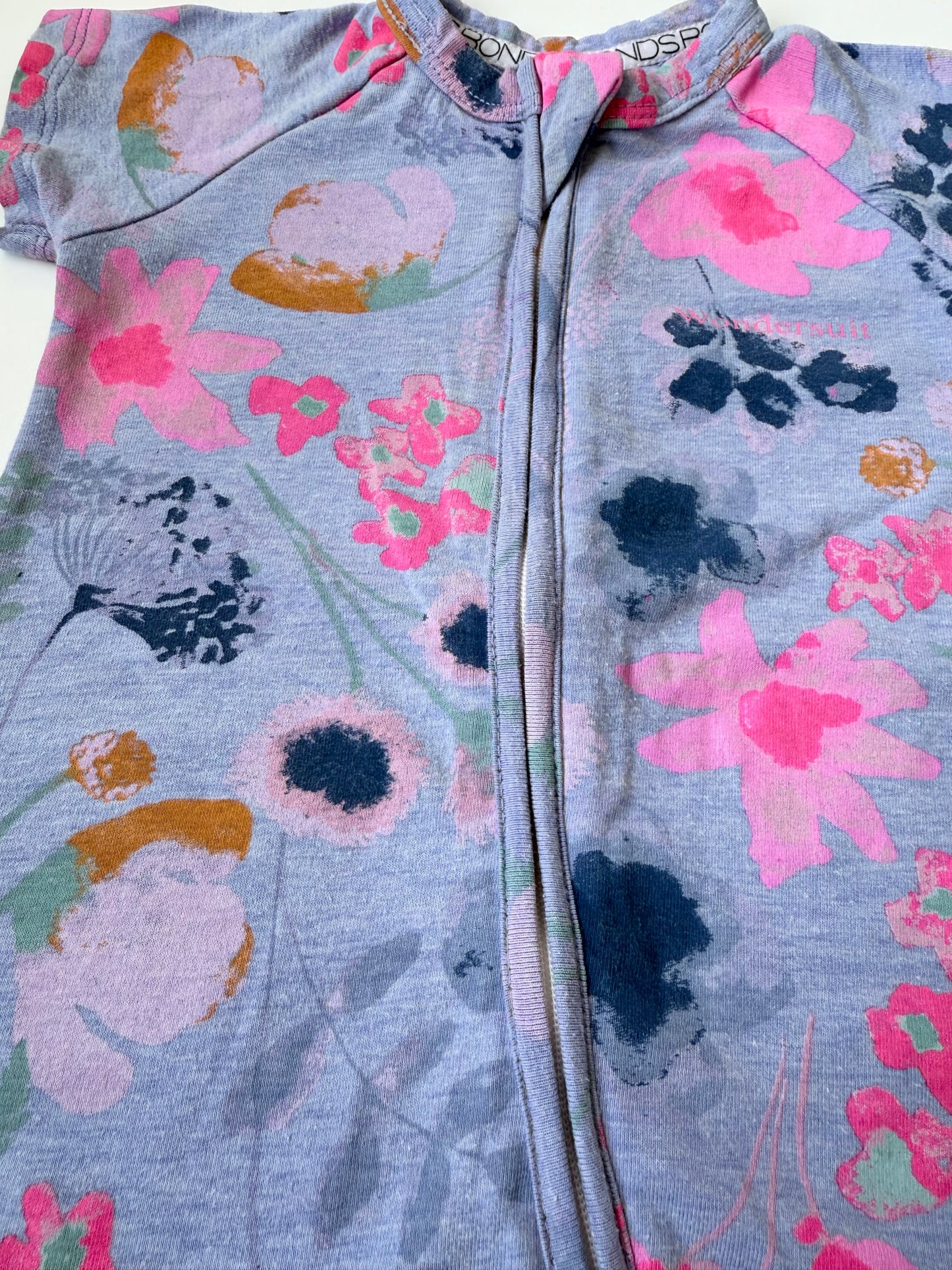 Bonds Wondersuit Blue & Purple Floral Shorty Romper (3-6 Months)