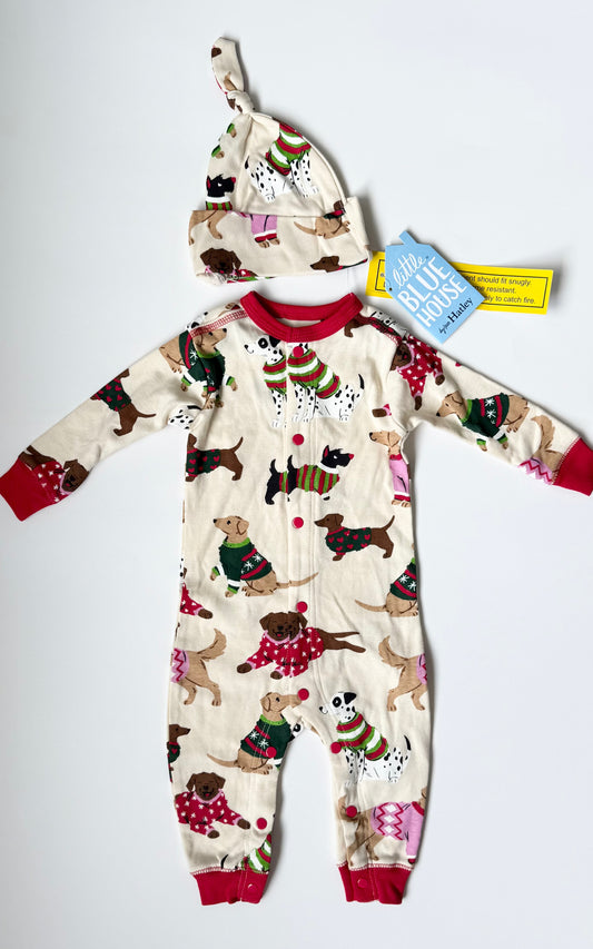 Little Blue House Doggie Christmas Sleeper Romper & Matching Hat - New (3-6 Months)