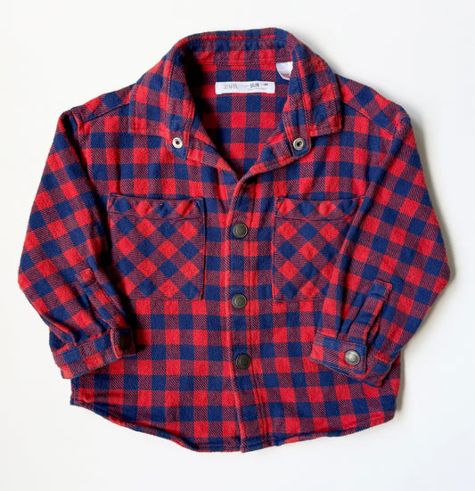 Zara Blue & Red Plaid Flannel Snap Up Long Sleeve (12-18 Months)