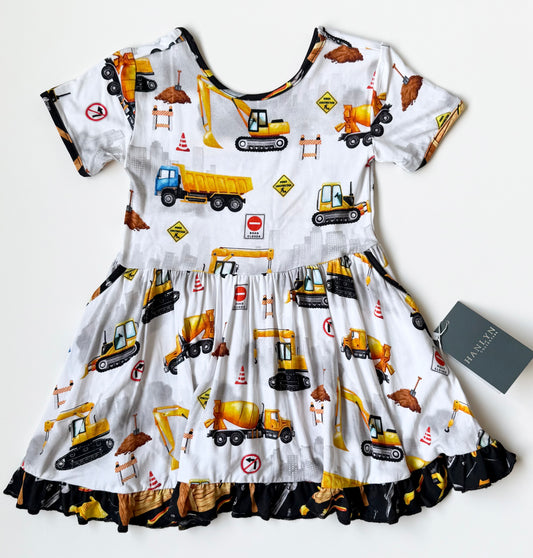 Hanlyn Collective White Construction Vehicles Short Sleeve Twirl Dress - New (2T)