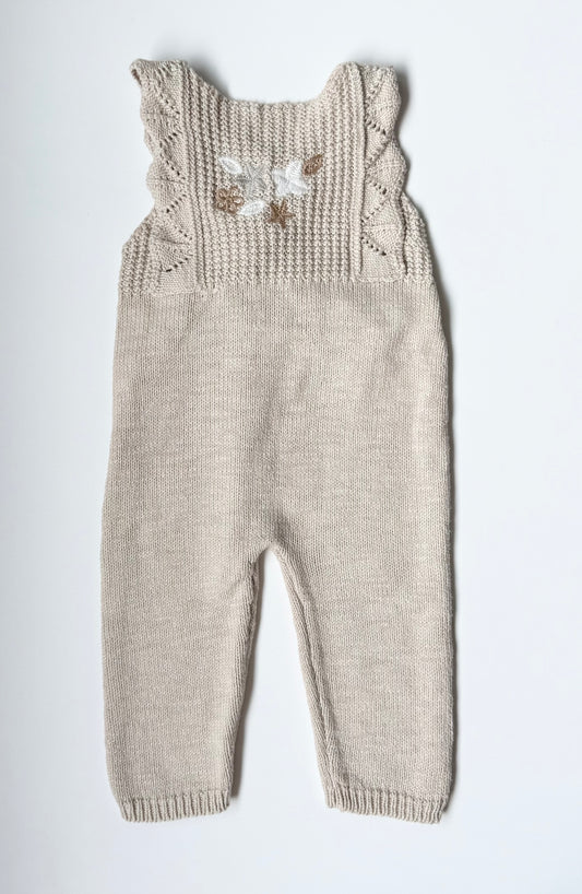 Snug Beige Knit & Embroided Flowers Tank Jumpsuit/Overalls (6-9 Months)