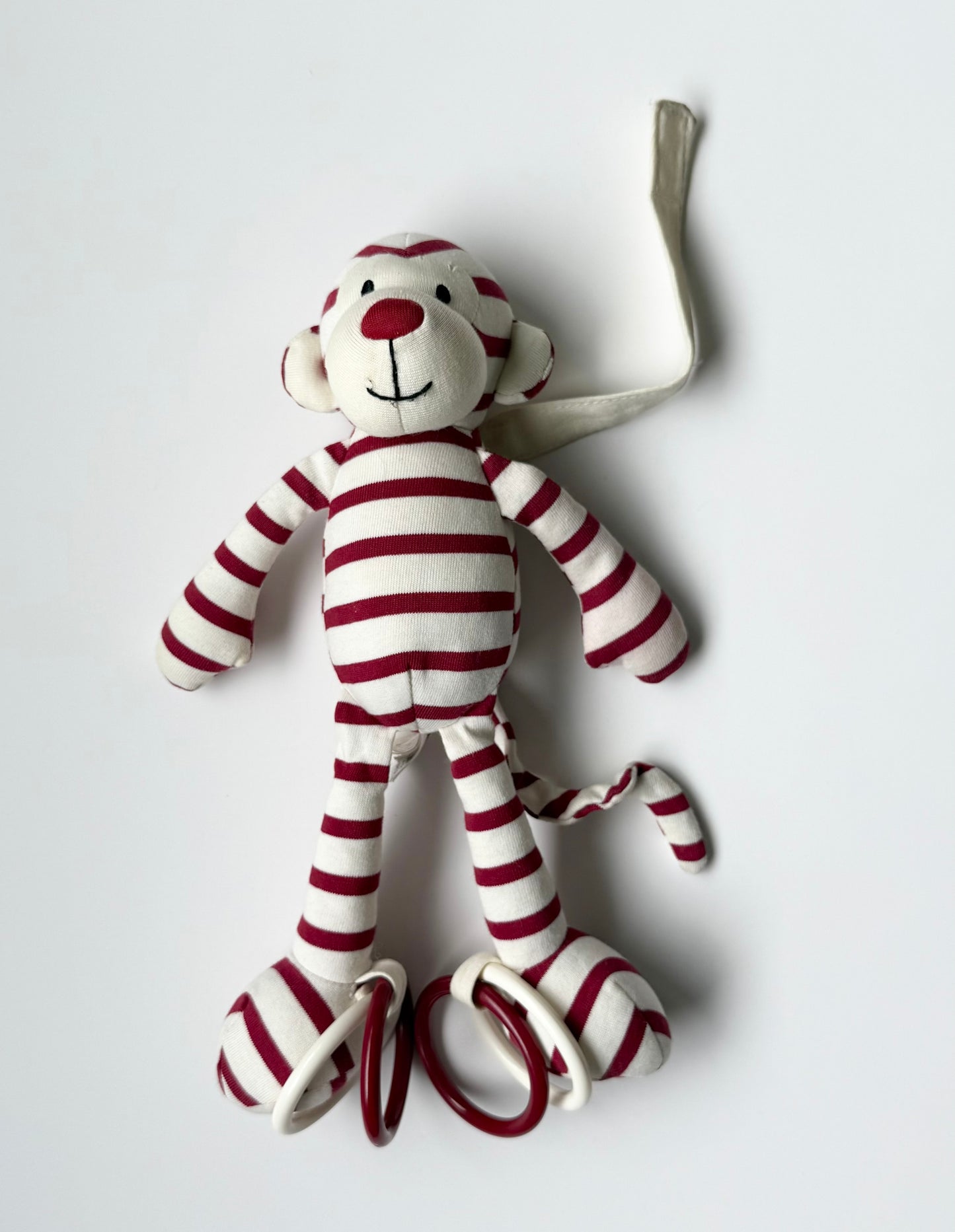 Jellycat Little Zoot Monkey Maroon Red White Striped Plush Soft Rings Baby Toy