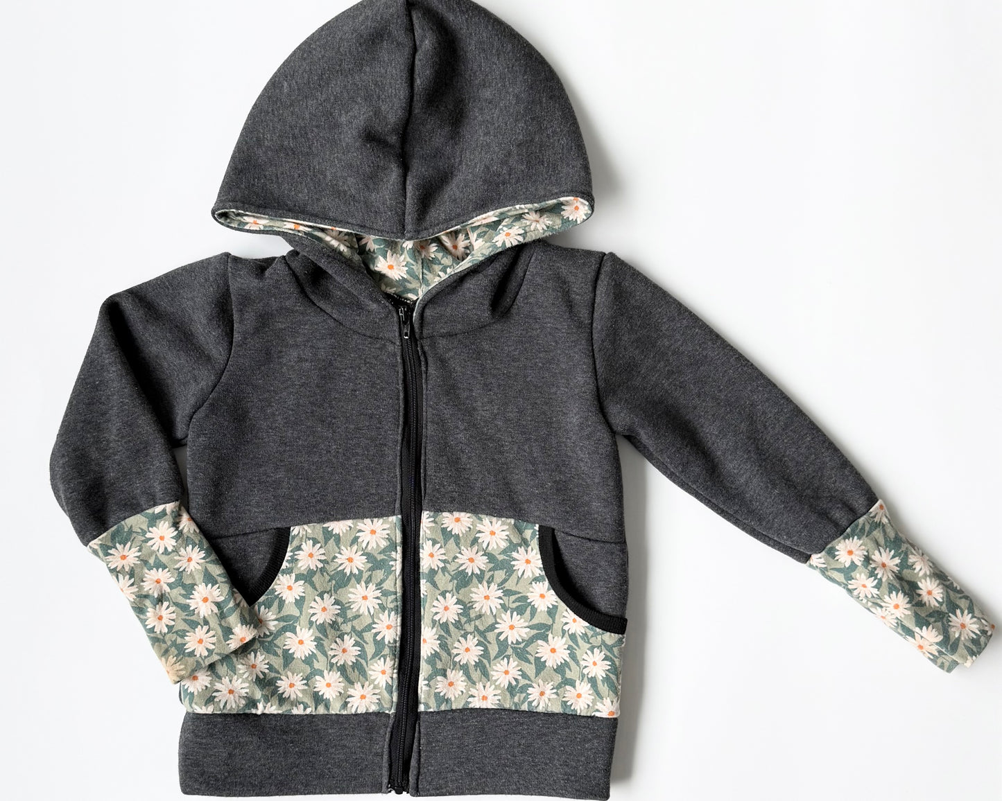 Handmade With Love by Grandma D Grey & Green Floral Zip Up Grow With Me Hoodie (2T)