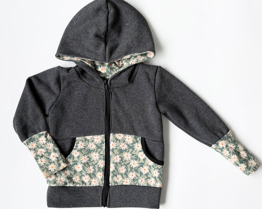Handmade With Love by Grandma D Grey & Green Floral Zip Up Grow With Me Hoodie (2T)