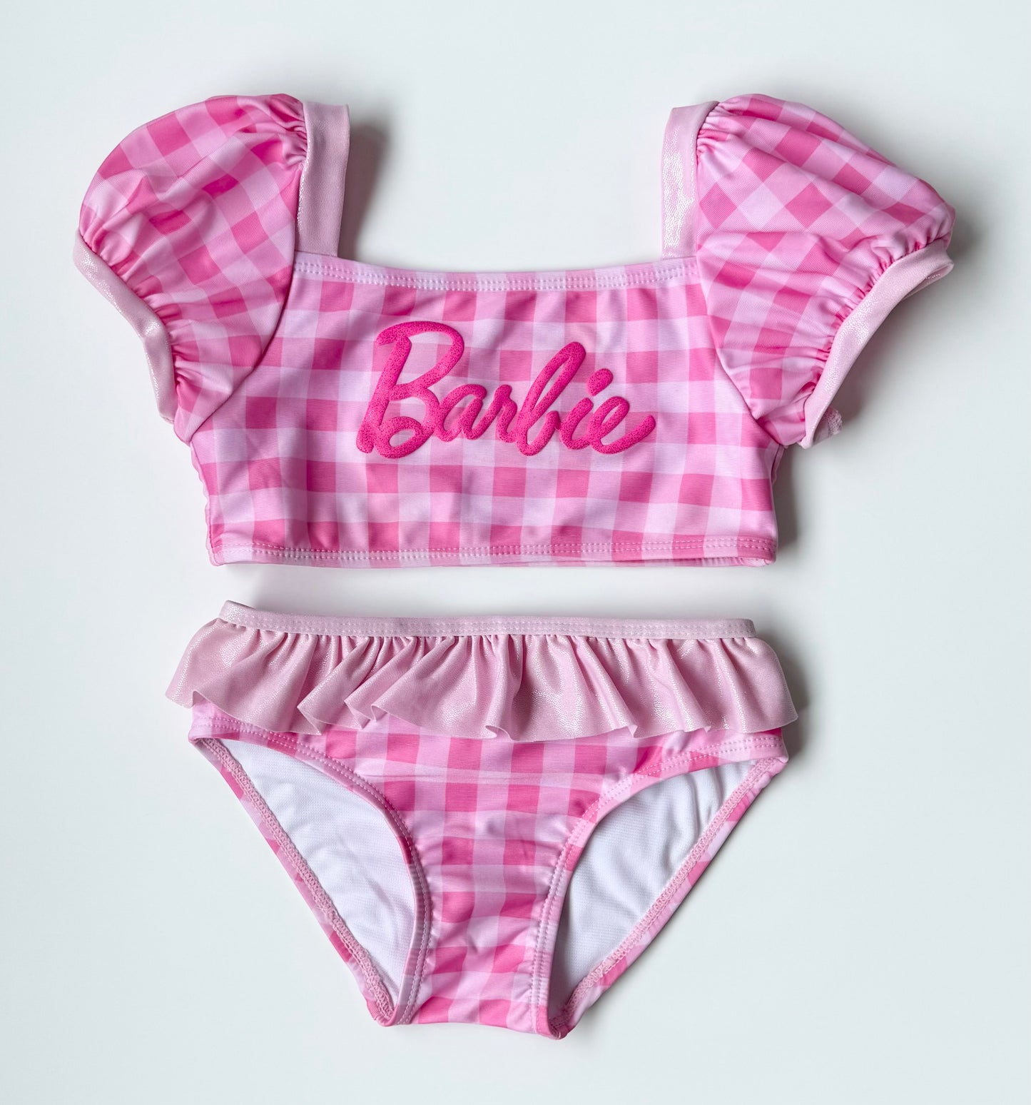 Barbie Pink Plaid Puff Sleeve Two Piece Swimsuit Set (5T)