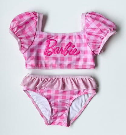 Barbie Pink Plaid Puff Sleeve Two Piece Swimsuit Set (5T)