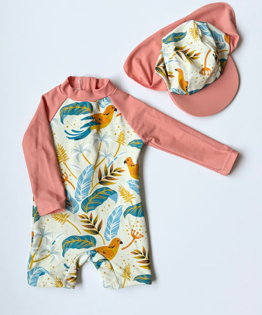 Up And Fast Peach Tropical Rashguard Long Sleeve One Piece Swimsuit & Matching Hat (3-6 Months)