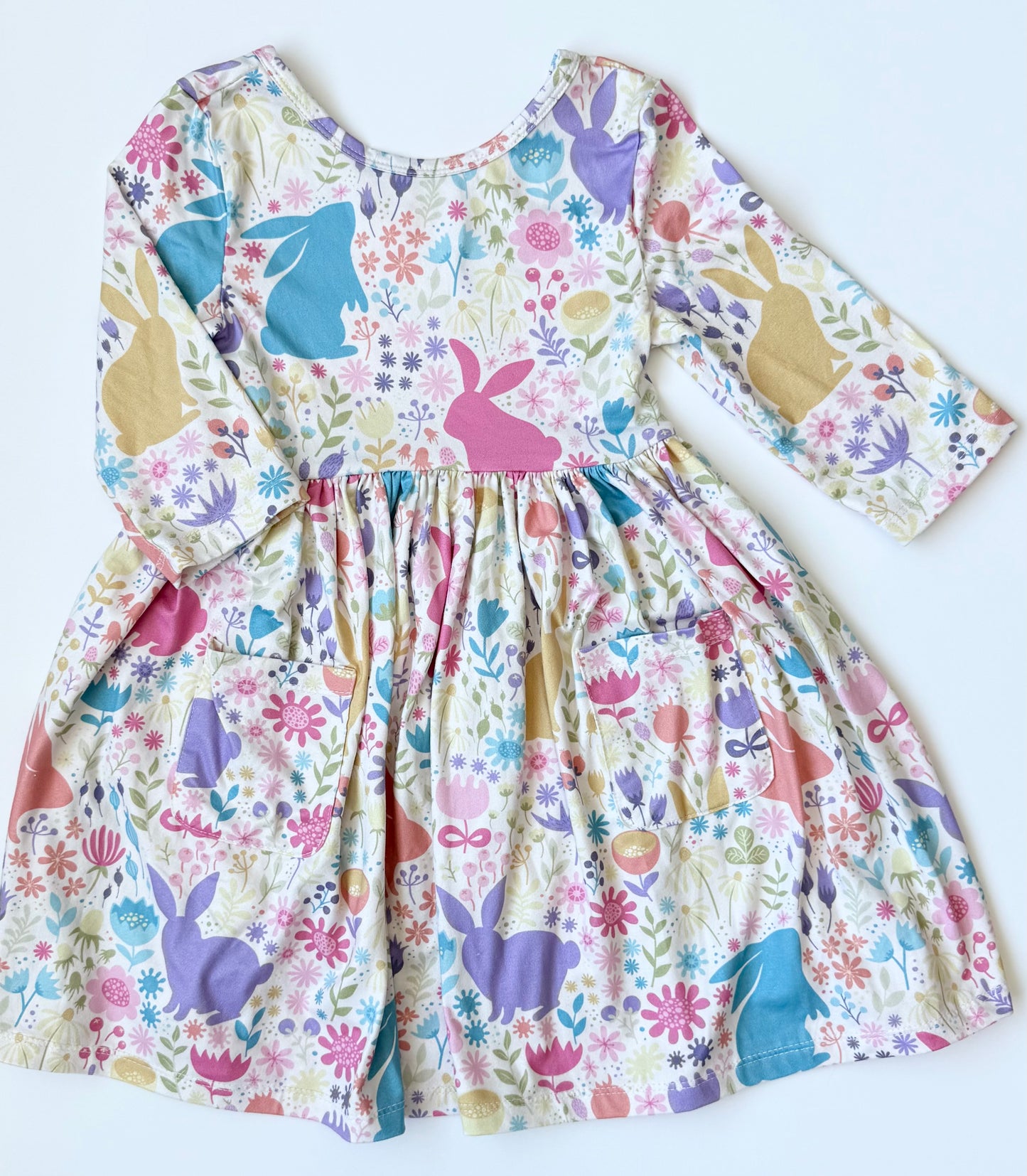 Mila & Rose Pastel Bunnies 3/4 Sleeve Pocket Twirl Dress (4T)