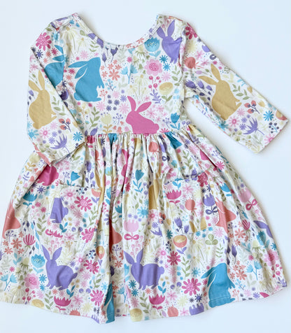 Mila & Rose Pastel Bunnies 3/4 Sleeve Pocket Twirl Dress (4T)