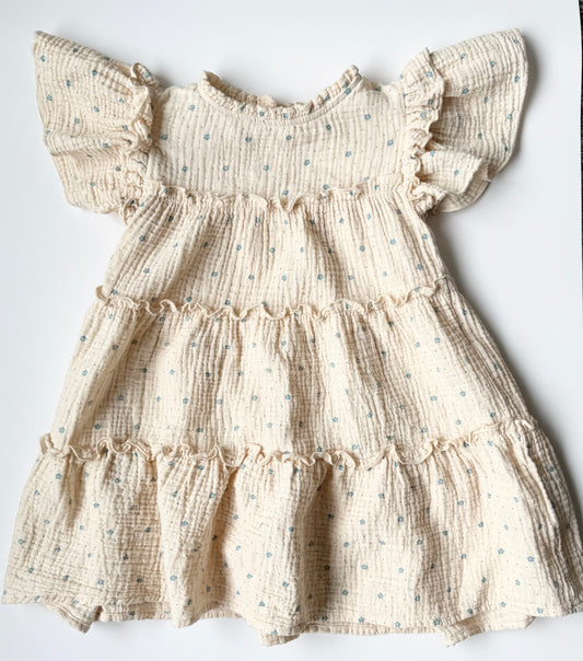 Fliink Off White & Dainty Blue Floral Muslin Short Sleeve Dress (4 Years)