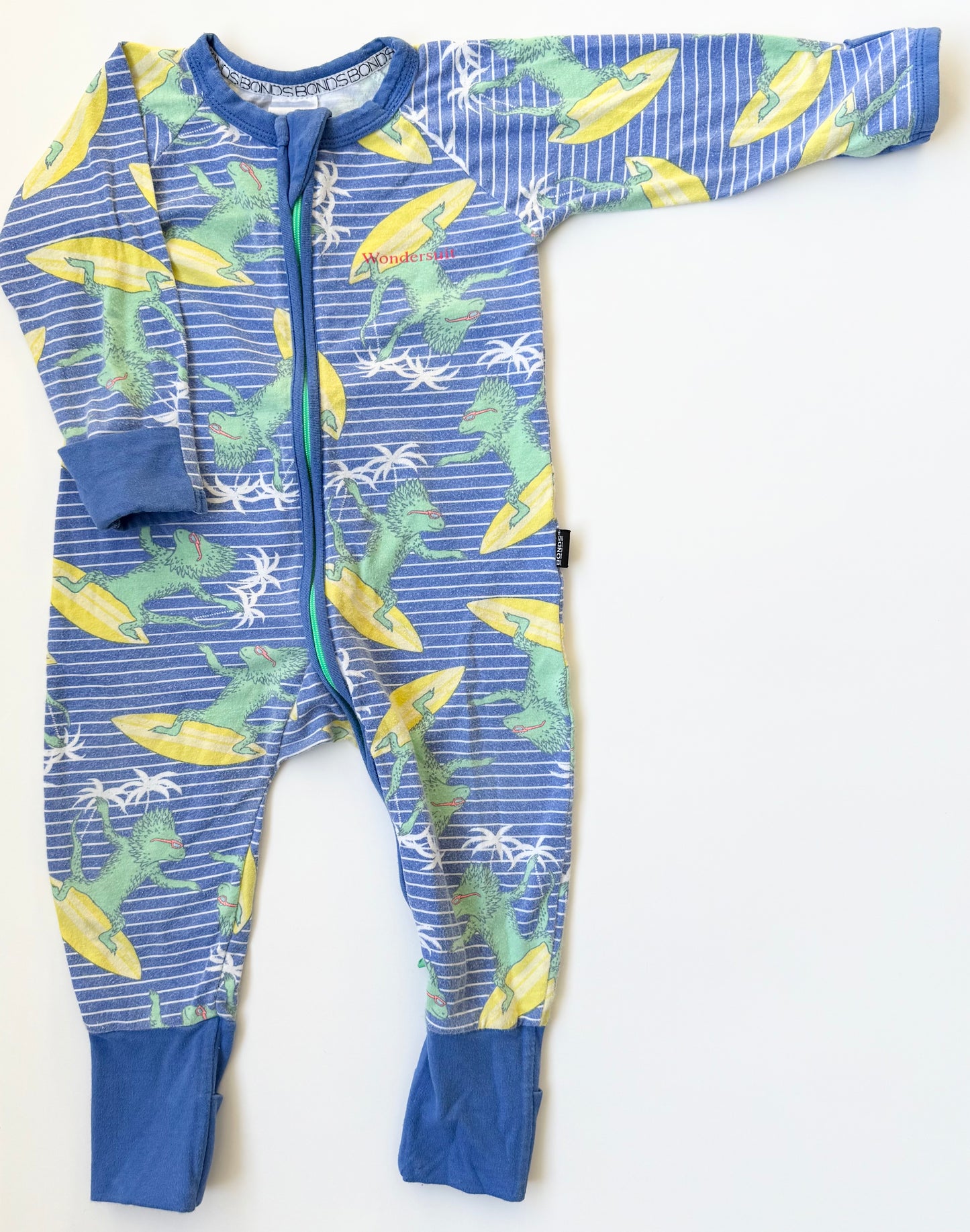 Bonds Wondersuit Blue Stripped Surfing Lizard Sleeper Romper (6-12 Months)