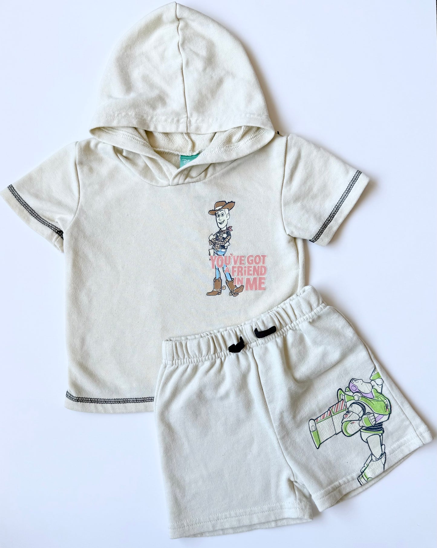 Disney Baby Pixar Toy Story Light Yellow Characters Short Sleeve Hoodie & Shorts Set (24 Months)