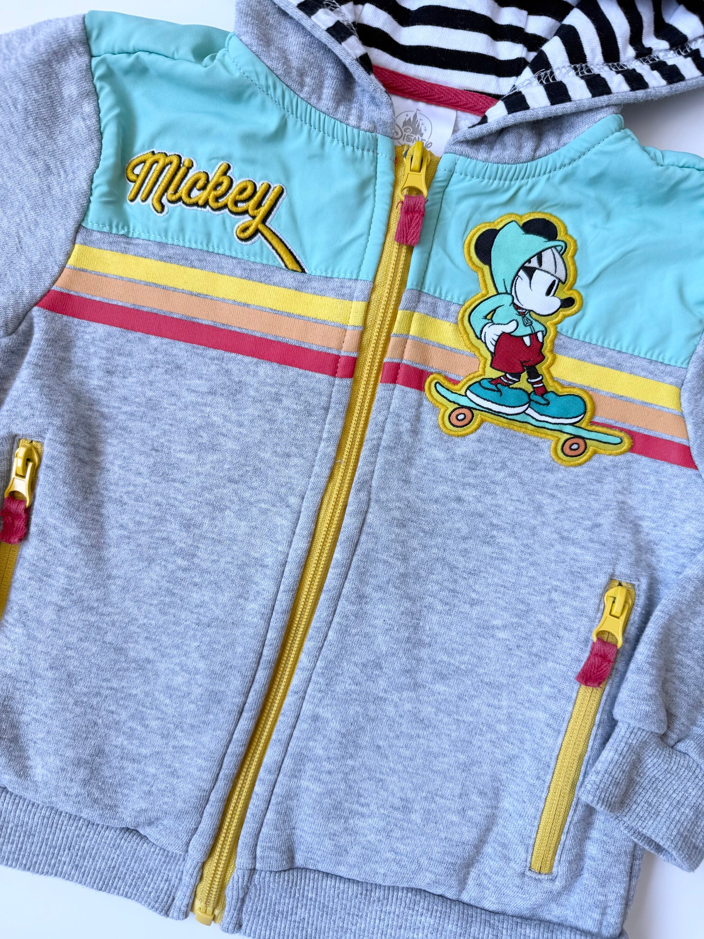The Disney Store Grey Retro Skateboarding Mickey “Good Vibes Only” Zip Up Hoodie (3T)