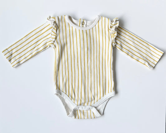 Pehr White & Yellow Striped Flutter Shoulder Long Sleeve Bodysuit (3-6 Months)