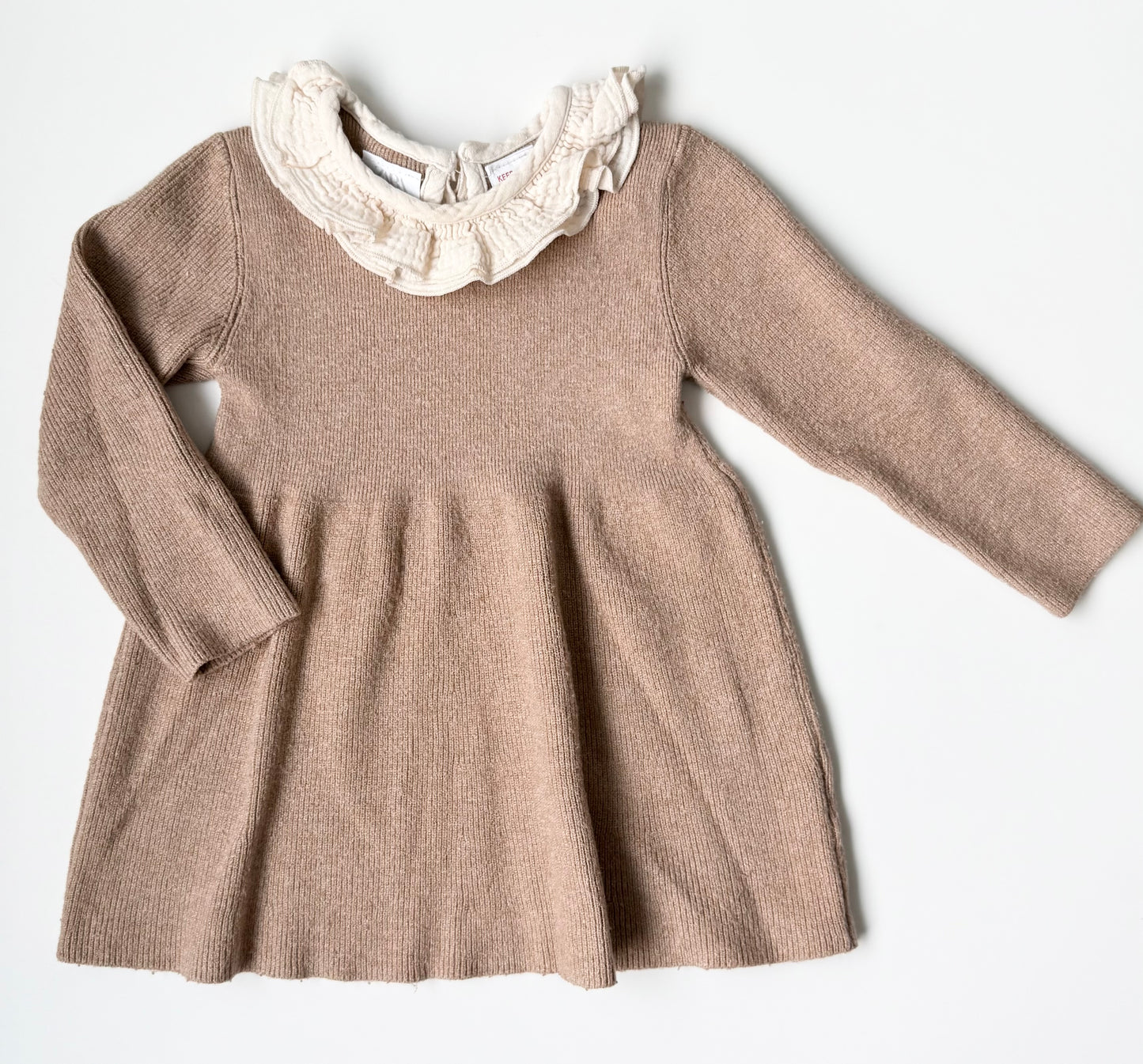 Zara Brown Knit Muslin Ruffle Collar Long Sleeve Dress (18-24 Months)