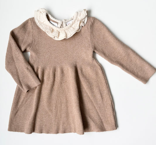 Zara Brown Knit Muslin Ruffle Collar Long Sleeve Dress (18-24 Months)