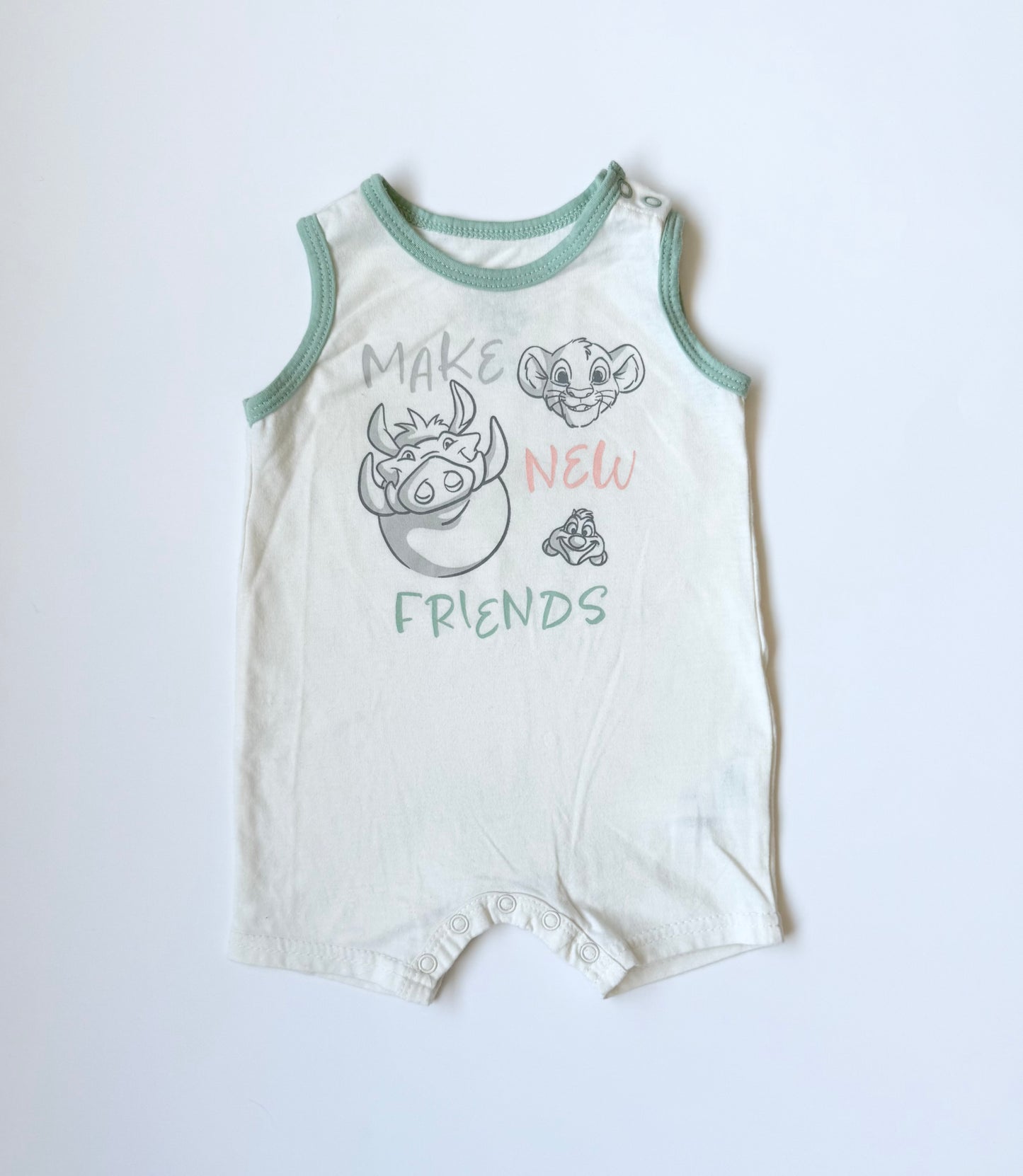 Disney Baby The Lion King White & Green “Make New Friends” Romper (3-6 Months)