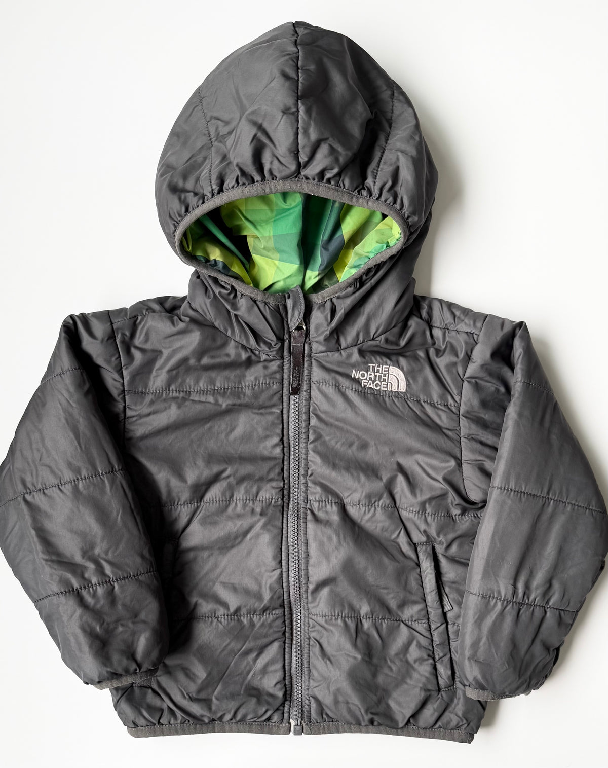 The North Face Perrito Grey & Green Plaid Reversible Jacket (3T)