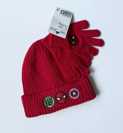 H&M x Marvel Red Spiderman & Avengers Knit Beanie & Matching Finger Gloves Set - New (2-6 Years)