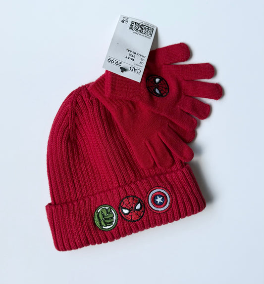 H&M x Marvel Red Spiderman & Avengers Knit Beanie & Matching Finger Gloves Set - New (2-6 Years)