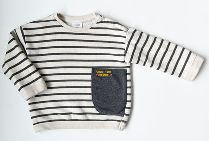 Zara White & Grey Striped “Good Time Forever” Crewneck Sweater (18-24 Months)