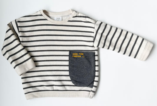 Zara White & Grey Striped “Good Time Forever” Crewneck Sweater (18-24 Months)