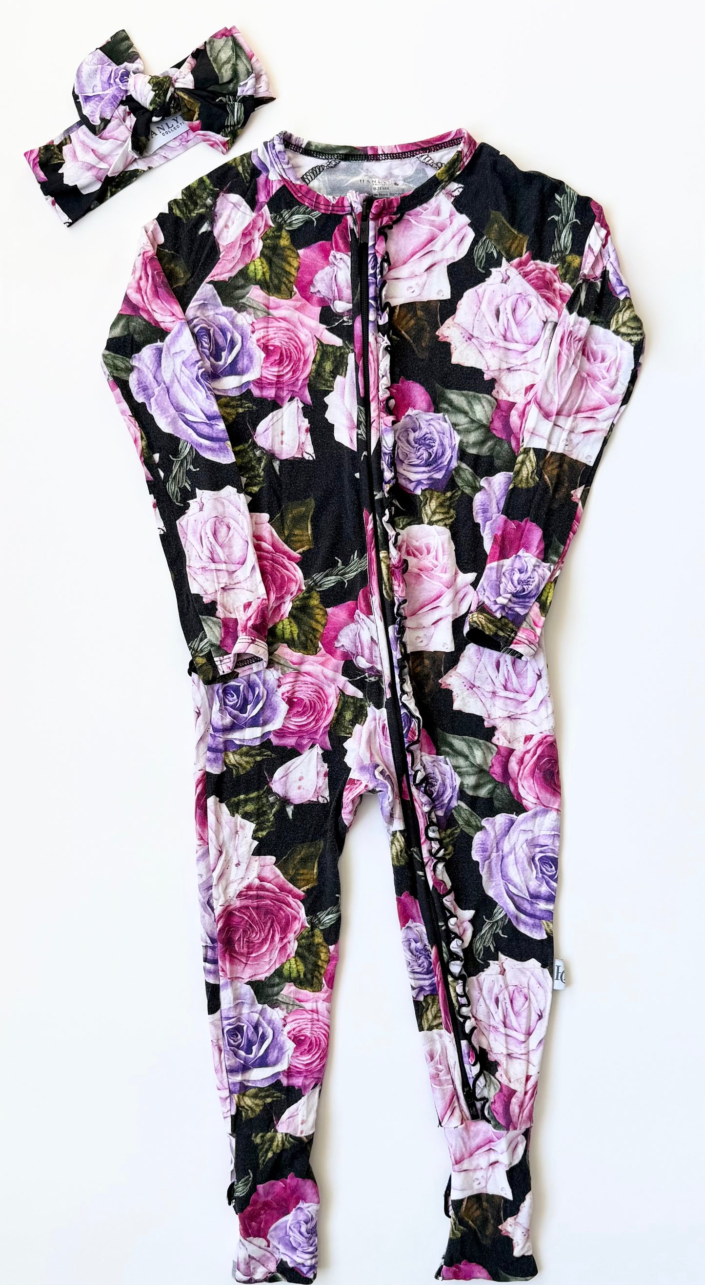 Hanlyn Collective Black & Purple Floral Sleeper Romper & Matching Bow (18-24 Months)