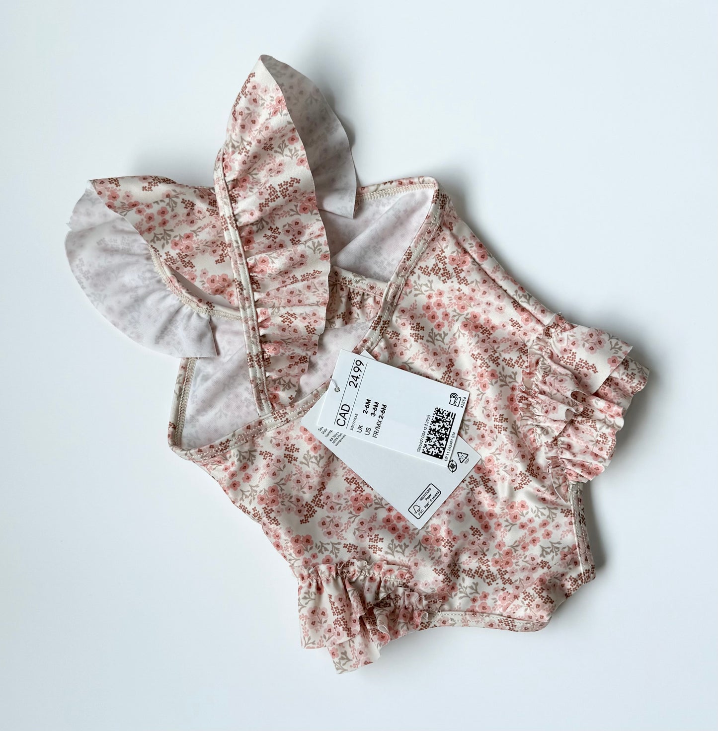 H&M Pink Dainty Floral Ruffle One Piece Swimsuit - New (2-6 Months)
