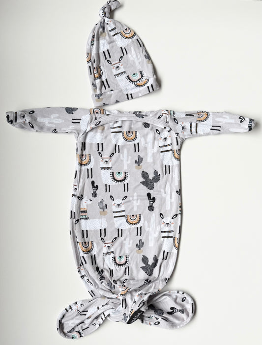 Milk Snob Grey Llamas Knotted Gown & Matching Hat (0-3 Months)