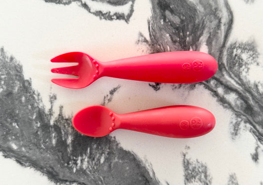 EzPz Mini Utensils in Coral (Fork + Spoon)
