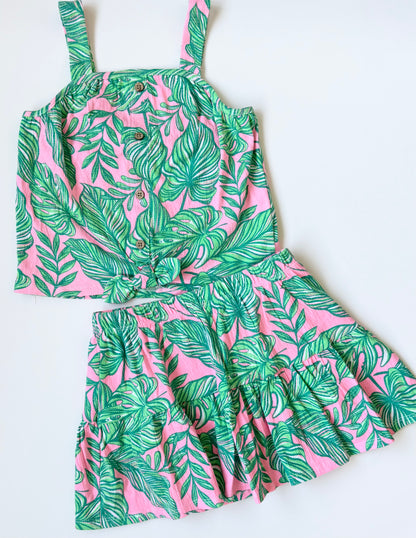 Tommy Bahama Pink & Green Tropical Leaves Knotted Tank & Skirt Matching Set (5-6 Years)