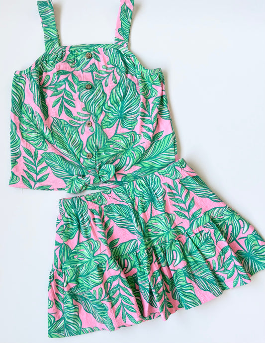 Tommy Bahama Pink & Green Tropical Leaves Knotted Tank & Skirt Matching Set (5-6 Years)