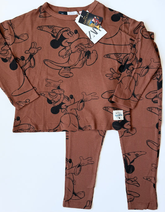 Zara x Disney Brown Waffled Fantasia Sorcerer Mickey Long Sleeve & Pants Set (3-4 Years)