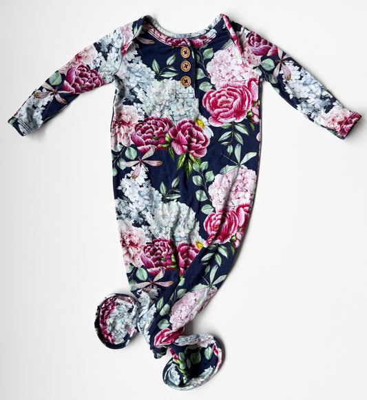 Posh Peanut Dark Floral Knotted Gown (0-3 Months)