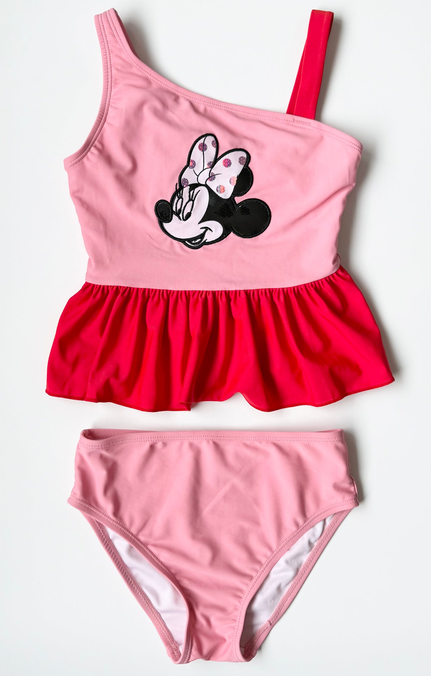 The Disney Store Pink & Red Minnie Off The Shoulder Two Piece Swimsuit Set (7/8 Years)