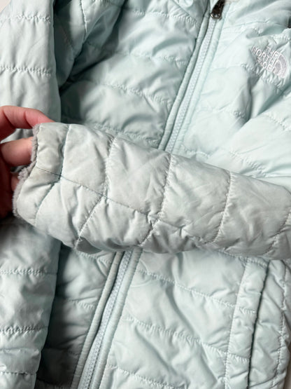 The North Face Mossbud Swirl Light Blue & Grey Fuzzy Reversible Winter Jacket (5T)