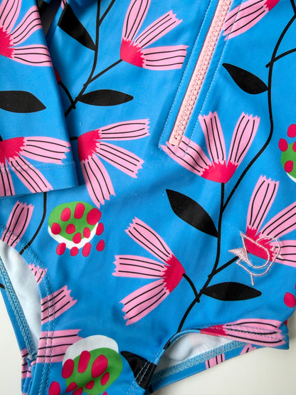 Birdz Blue & Pink Flowers Long Sleeve One Piece Swimsuit (12 Months)