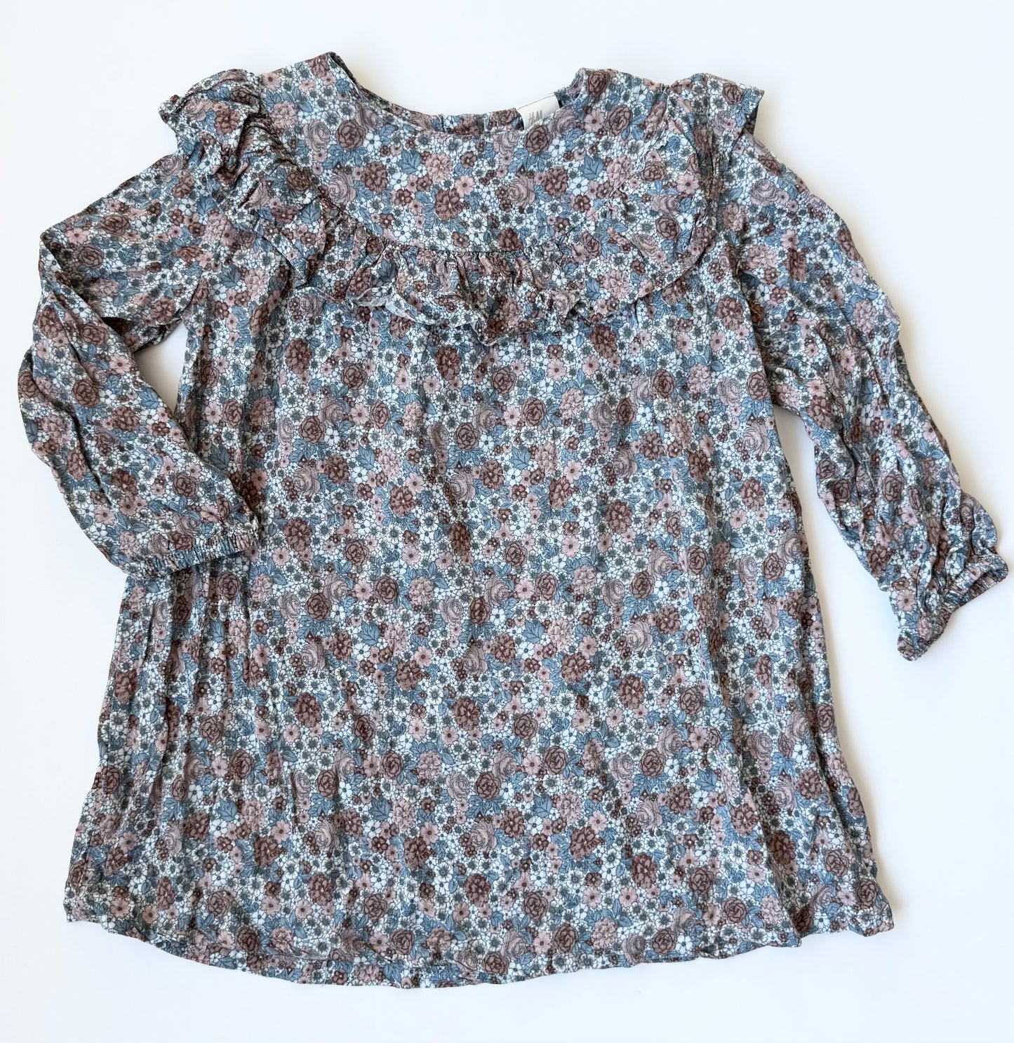 H&M Blue Antique Floral Ruffle Collar Long Sleeve Dress (12-18 Months)