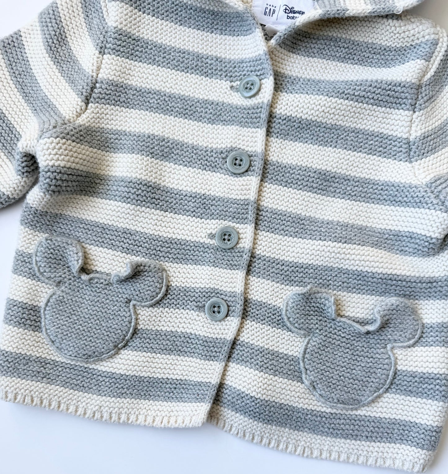 Baby Gap x Disney White & Grey Striped Mickey Mouse Knit Button Front Sweater (12-18 Months)