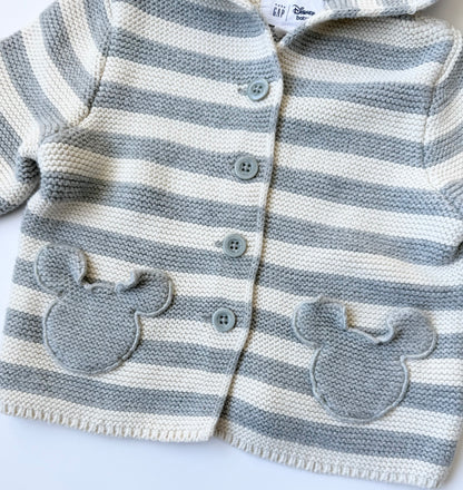 Baby Gap x Disney White & Grey Striped Mickey Mouse Knit Button Front Sweater (12-18 Months)