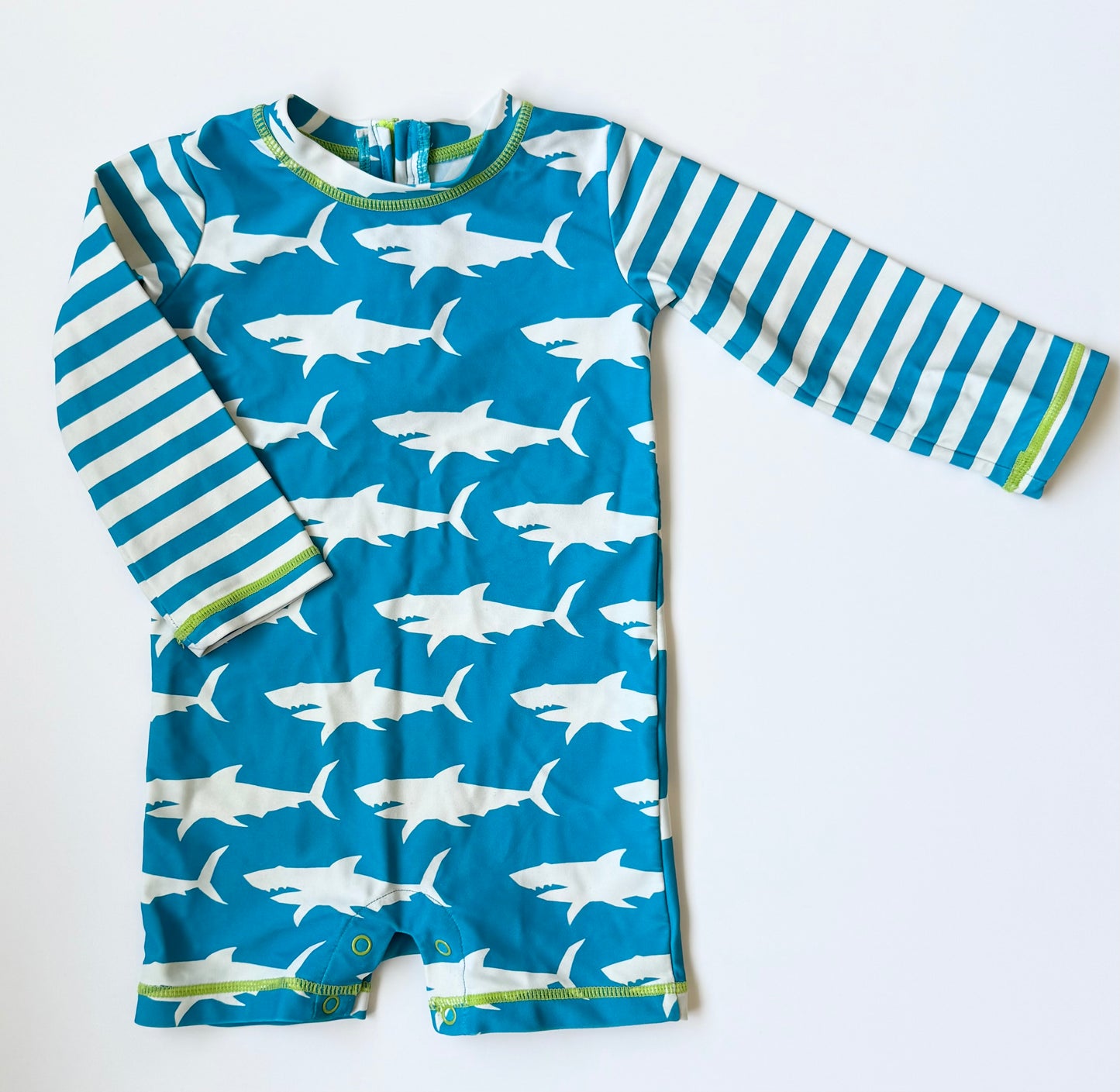 Hatley Blue Striped Sharks Long Sleeve Rashguard One Piece Swimsuit (9-12 Months)