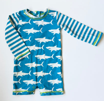 Hatley Blue Striped Sharks Long Sleeve Rashguard One Piece Swimsuit (9-12 Months)