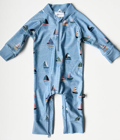 Honeysuckle Swim Blue Boats Full Coverage Sunsuit (6-12 Months)