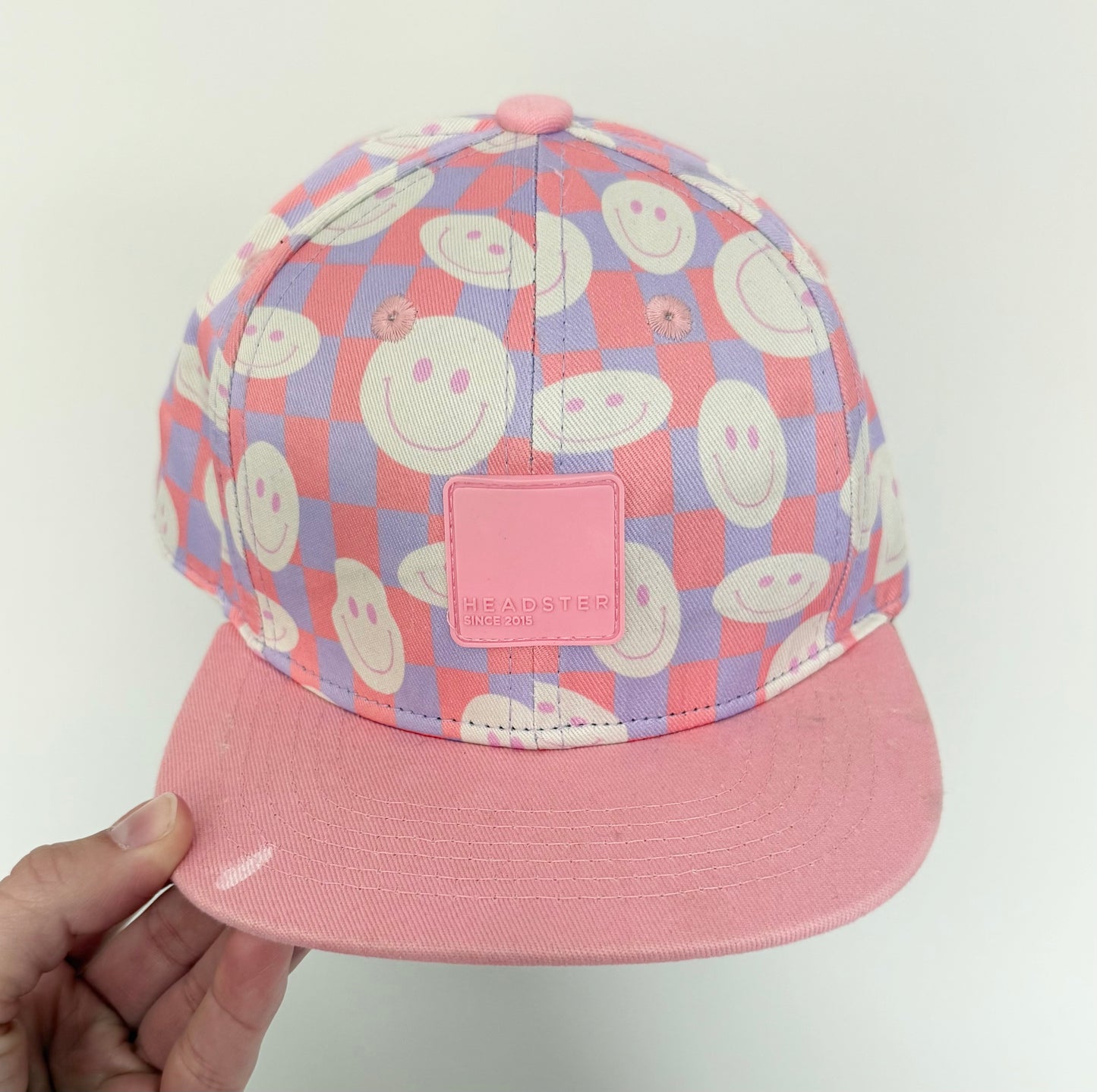 Headster Pink Smiley Checkered SnapBack Hat (52CM)
