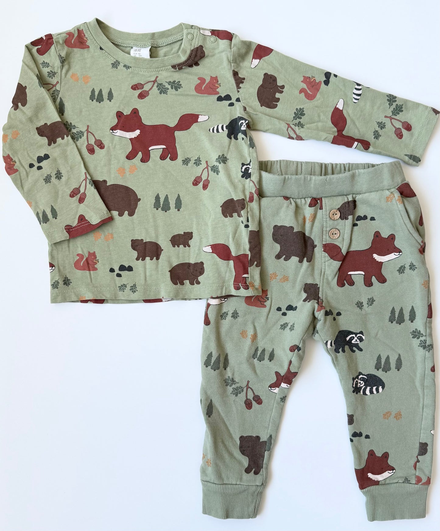 H&M Green Woodland Creatures Long Sleeve & Pants Set (12-18 Months)