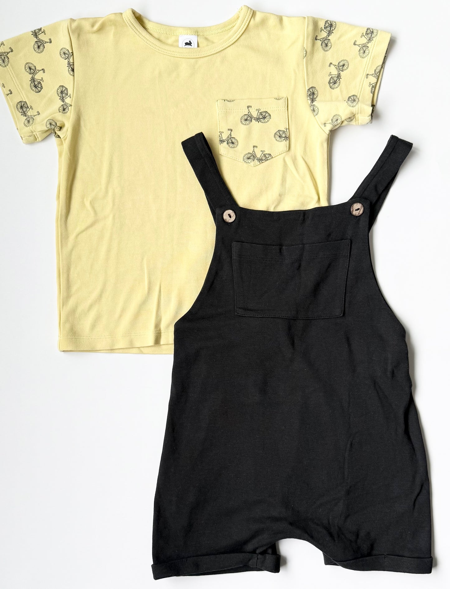 Little & Lively Yellow Bicycle T-Shirt & Black Shorty Overalls Matching Set (3T/4T)