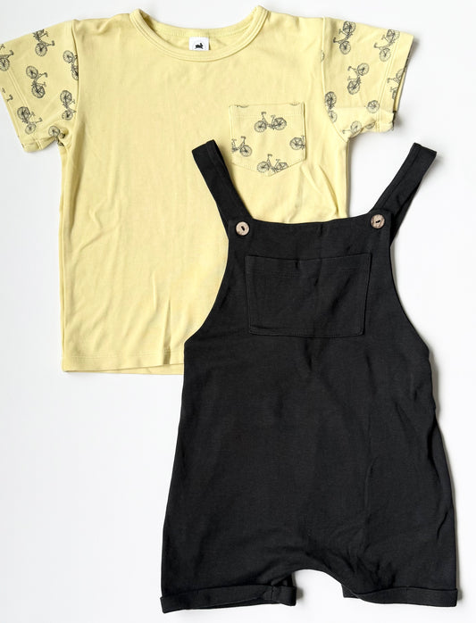 Little & Lively Yellow Bicycle T-Shirt & Black Shorty Overalls Matching Set (3T/4T)