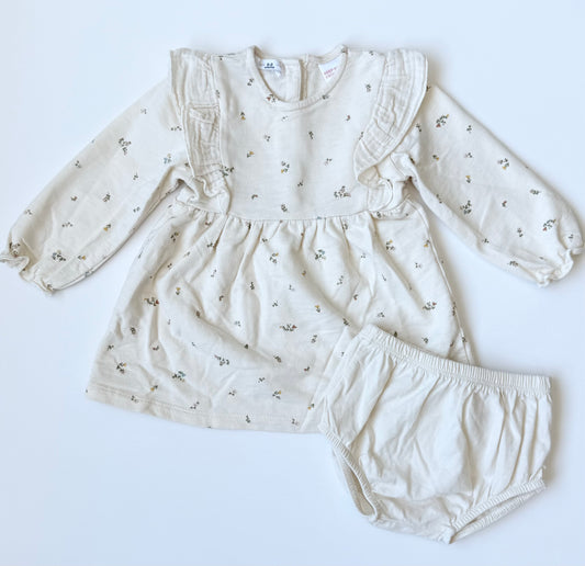 Zara Beige & Dainty Floral Long Sleeve Dress & Bloomers (6-9 Months)