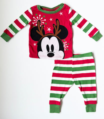 Disney Baby by Disney Store Mickey Green & Red Striped Two Piece PJ Set (6-9 Months)